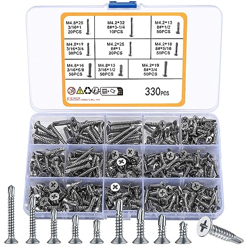 Schroeven | 33 Stuks RVS Phillips Head Zelfborende Schroeven, Platte Kop Zelftappende Schroeven, 8 3/16″ Blikmetaal Tek Schroeven Assortiment Kit, Aangepaste Waferkop Verzonken Schroeven Bevestigingsmiddelen Schroeven