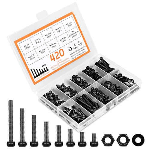 Schroeven | 420 Stuks M3 Schroeven Kit, Premium M3 Bouten Voor 3D Printen, Hexagon Socket Hoofd Bout Assortiment Met Moeren En Ringen, M3 X 6Mm /8Mm /10Mm /12Mm /16Mm /20Mm /25Mm (Zwart) Bevestigingsmiddelen Schroeven