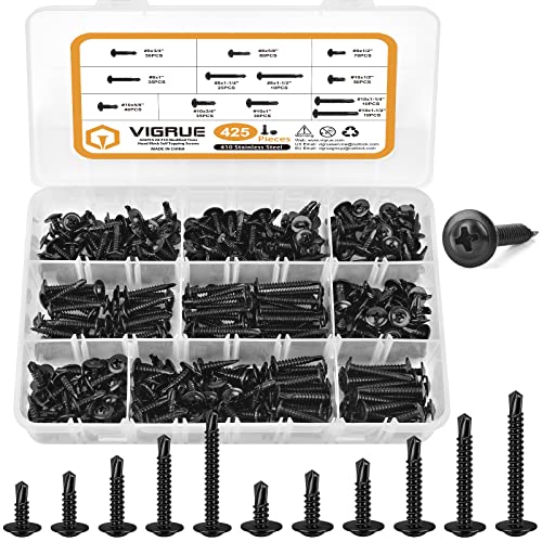 Schroeven | 425 stuks #8#10 Zwarte Zelftappende Schroeven voor Metaal, 425 stuks (410) Roestvrijstalen Aangepaste Truss Kop Plaatmetaal Zelfborende Schroeven Assortiment Kit, Zwart Oxide, Lengte 1/2″ tot 1-1/2” Bevestigingsmiddelen Schroeven