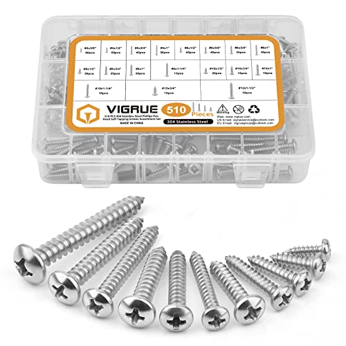 Schroeven | 510 Stuks RVS Houtschroeven Assortiment Kit, 4#6#8#10#12 Phillips Pan Head Blikschroeven Zelftappende Schroeven Set, Lengte 3/8″ Tot 1-1/2″ Bevestigingsmiddelen Schroeven