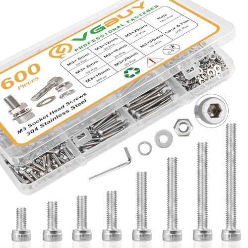 Schroeven | 600 stuks M3 Schroeven Assortiment Kit, M3 Schroeven (8 maten 6-30 mm) voor 3D Printer DIY, Inbusboutkop Schroeven, Moeren, Ringenset, 304 Roestvrij Staal, M3 X 6/8/10/12/16/20/25/30 mm Bevestigingsmiddelen Schroeven