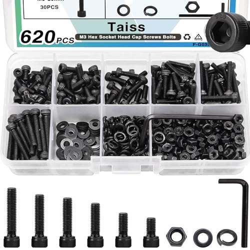 Schroeven | 620Pcs M3 Schroefset, Hex Socket Head Cap Schroeven Assortiment Met Moeren En Ringen M3 X 6/8/10/12/16/20Mm, 12.9 Graad Legering Staal Zwart Verzinkt Kleine Metrische Schroeven, M3 Bouten Voor 3D Printen Bevestigingsmiddelen Schroeven