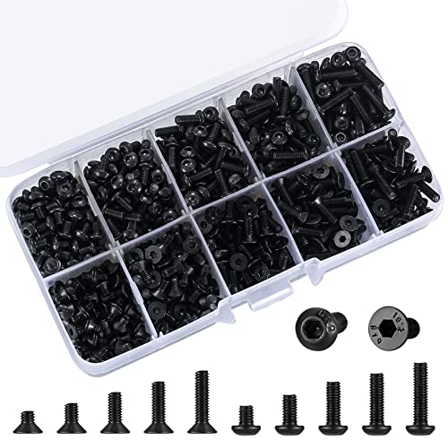 Schroeven | 72 Stuks M3 Zeskant Socket Cap Bouten Schroeven Assortiment Kit, Pan Head & Flat Head Zeskant Knop Hoofd Schroeven Assorted Zwart Legering Staal, M3X(4Mm/6Mm/8Mm/10Mm/12Mm) (Zwart) Bevestigingsmiddelen Schroeven