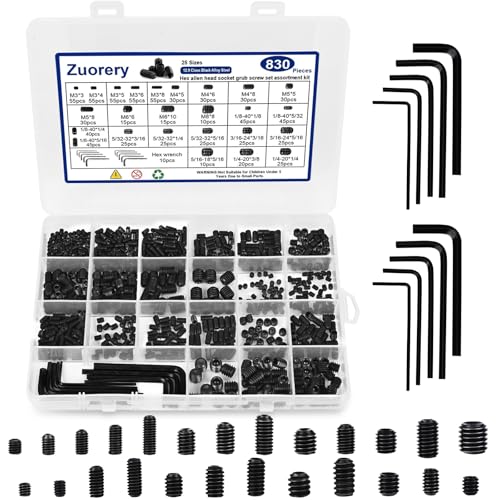 Schroeven | 83-delige set met 25 maten metrische + SAE schroefassortiment, interne hex-aandrijving cup-point inbusschroeven set 12.9 klasse legeringstaal grubschroef (M3-M8, 1/8″-4 tot 5/16″-18) Bevestigingsmiddelen Schroeven