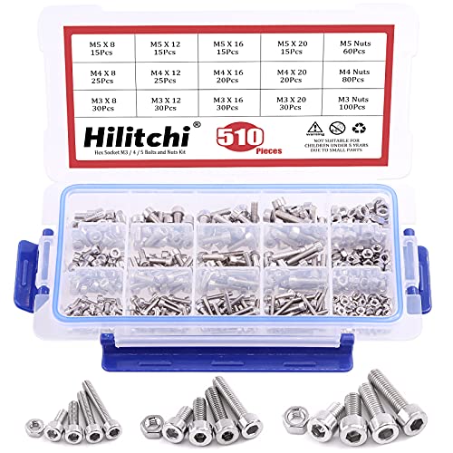 Schroeven | Hilitchi 51-delige M3 M4 M5 RVS Zeskant Inbuskop Bouten Schroeven Moeren Assortiment Kit – 34 RVS (Zeskant Inbus) Bevestigingsmiddelen Schroeven