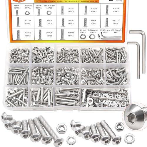 Schroeven | M3 M4 Schroeven Kit M3 M4 X 4Mm/5Mm/6Mm/8Mm/12Mm/16Mm/20Mm/25Mm 304 Roestvrij Stalen Metrische Schroeven Assortiment Knopkop Inbuskop Schroeven Bouten Met Moeren/Washer/Sleutels 405 Stuks Bevestigingsmiddelen Schroeven