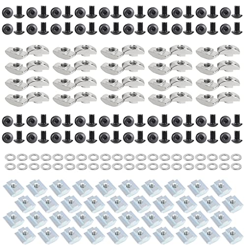 T-Nuten | 200 stuks T-slot moerkits voor 2020 serie aluminium extrusieprofiel frame, 6 mm slot schroefmoerkits, 40 stuks M510, 40 stuks M58 zeskantbouts, 40 stuks M5 T-glijdende moeren, 40 stuks M5 T-moeren, 40 stuks ringen (zwart) Bevestigingsmiddelen T-Nuten