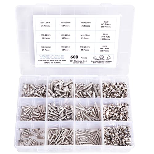 T-Nuten | T Nuts 2020 Serie M3 M4 M5 T-Sleufmoer Hamerkop Bevestigingsmoer Vernikkeld Koolstofstaal Assortiment Kit En M3 M4 M5 Zeskant Knopkop Bouten (304 RVS) Voor Profielgroef 600 Stuks Bevestigingsmiddelen T-Nuten