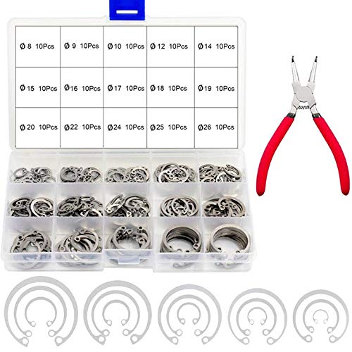 Veringringen | 15-delige interne borgringen assortiment kit – 15 maten ringen clip – 34 roestvrijstalen ringen van 8 mm tot 36 mm voor machines met externe circlip tang Bevestigingsmiddelen Veringringen