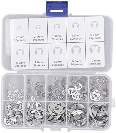 Veringringen | 200 stuks E Clip Assortiment Kit, 9 SAE maten E-Clip Assortiment Set E-Ring Circlip Ringen Kit Roestvrijstalen Externe Bevestigingscirclip voor Lagers, Tandwielen, Riemschijven, Assen Bevestigingsmiddelen Veringringen