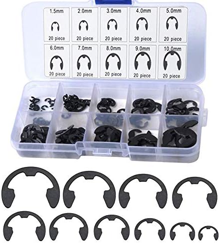 Veringringen | 200 stuks E-Clip Assortiment Kit E-Clip Externe Bevestigingsring Assortiment Set 10 Maten Circlip Snap Retainer Ringen Opening Snap Ring Circlip Set met Doos (1,5-10 mm) Bevestigingsmiddelen Veringringen