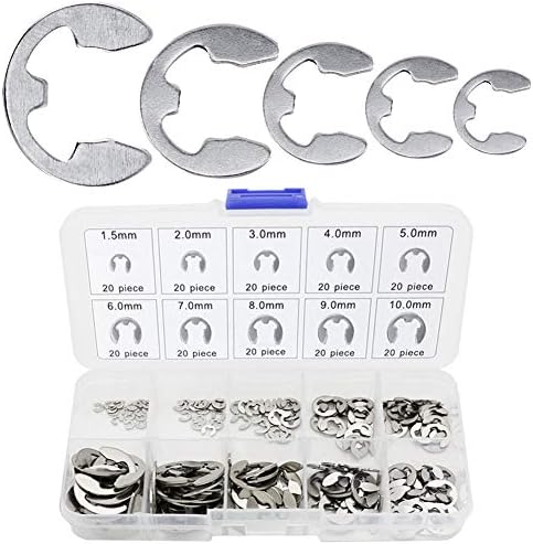 Veringringen | 200 stuks E-Clip Externe Bevestigingsring Assortiment Kit 10 Maten E-Clip Circlip Ring 304 Roestvrij Staal Opening Snap Ring Circlip Set met Doos (1,5/2/3/4/5/6/7/8/9/10 mm) Bevestigingsmiddelen Veringringen