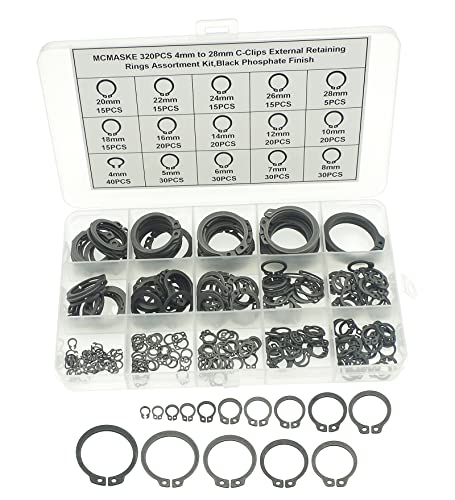 Veringringen | 32 Stuks 15 Maten Metrische C-Clips Externe Bevestigingsringen Assortiment Kit van 4Mm tot 28Mm Nominale Diameter, Zwarte Fosfaatafwerking Bevestigingsmiddelen Veringringen