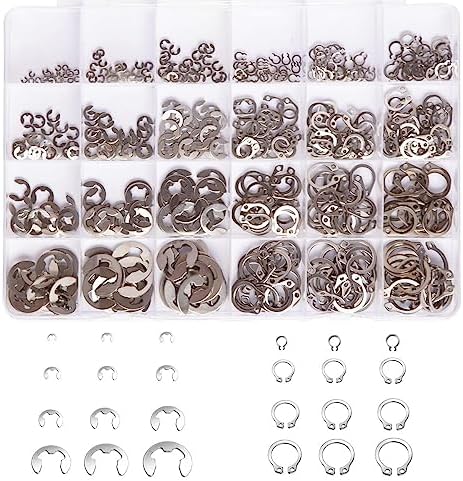 Veringringen | 327 stuks E-Clips Circlip Bevestigingsringen Assortiment Set (1,2 mm – 1 mm) en C-Clips Externe Bevestigingsringen Snap Ringen Assortiment Kit Circlip 34 RVS (M3-M14), 24 maten Bevestigingsmiddelen Veringringen