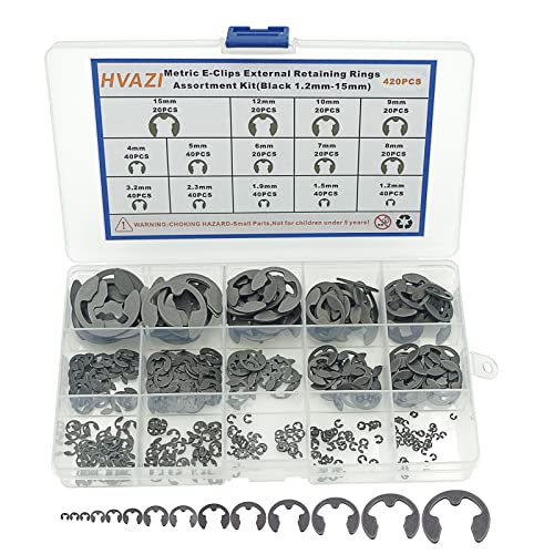 Veringringen | 42 stuks metrische E-clips externe borgringen assortiment kit 1,2 mm – 15 mm, DIN 6799, zwart-fosfaat afwerking Bevestigingsmiddelen Veringringen