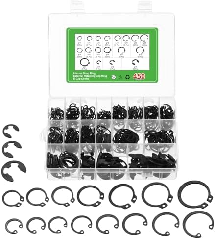 Veringringen | 450 Stuks Circlip Snapringen Assortiment Set, 65 Mn Metaal 3 Soorten Inclusief Externe Bevestigingsring, E-Clip Circlip, Interne Snapring 18 Maten Bevestigingsmiddelen Veringringen