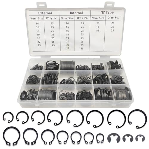 Veringringen | 450 Stuks Circlip Snapringen Bevestigingsringen Assortiment Kit, 3 Types 18 Maten Inclusief Externe Circlip Snap Bevestigingsring & E-Clip Circlip & Interne Snap Ring Circlip Snap Bevestigingsring Bevestigingsmiddelen Veringringen