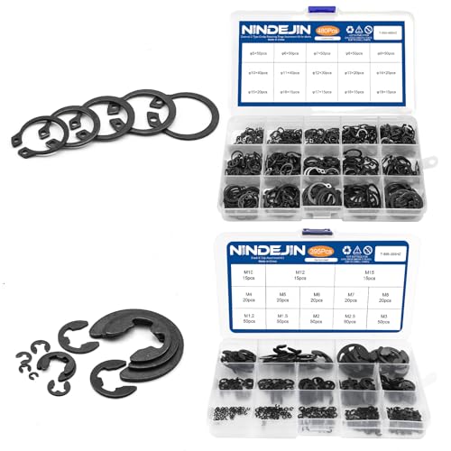 Veringringen | 480 Stuks C-Clip Bevestigingsringen Snap Rings Assortiment Kit + 395 Stuks E-Clip Bevestigingsringen Assortiment Set (Koolstofstaal) Bevestigingsmiddelen Veringringen