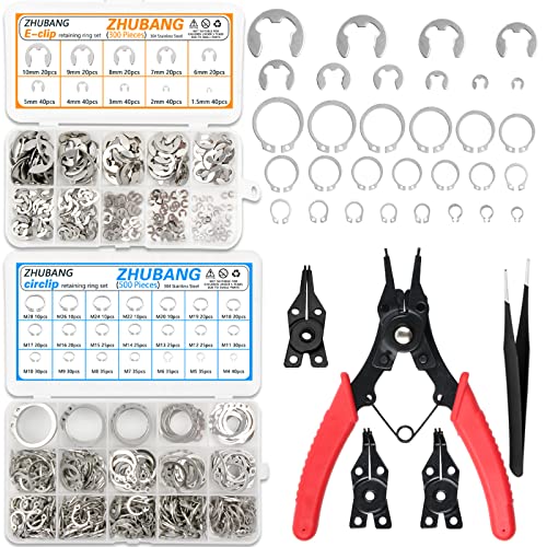 Veringringen | 8 Stuks C-Clip Externe Bevestigingsringen Snapringen Assortiment Kit Circlip 34 Roestvrij Staal (M4-M28) + E-Clip Bevestigingsringen Assortiment Set (1,5Mm-1Mm) + 5 Stuks Snap Ring Tang + Pincet Bevestigingsmiddelen Veringringen