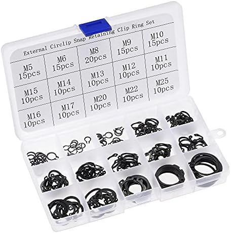 Veringringen | E-Clip Circlip – 180 Stuks 15-Maten Externe Bevestigingsas Snap Ring Wasmachine Carbon Staal Assortiment Set Zwart – Maat: 5Mm Tot 25Mm Bevestigingsmiddelen Veringringen