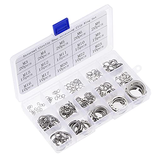 Veringringen | E-Clip Circlip – 225 Stuks 15-Maten Externe Bevestigingsring Snap Ring Wasmachine 304 RVS Assortiment Set Zilver – Maat: 3Mm Tot 25Mm Bevestigingsmiddelen Veringringen