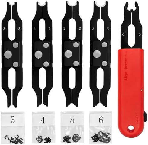 Veringringen | E Clip Tool, E Clips Verwijder- en Installatie Assortiment Kit Gereedschap Set, Verwisselbare 4 Maten (3/4/5/6Mm) Clipringen Kit & 40 Stuks E Clips Bevestigingsmiddelen Veringringen