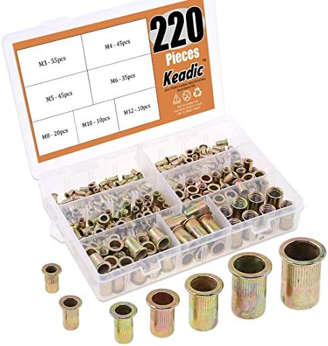 Draadmoeren | Keadic 22-delige metrische verzinkte koolstofstalen klinknagelmoer met platte kop en schroefdraad insert nutsert assortimentskit – 7 maten: M3, M4, M5, M6, M8, M10, M12 Bevestigingsmiddelen Draadmoeren