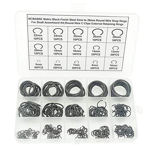 Veringringen | Metric 5Mm tot 28Mm Ronde Draad C-Klemmen Externe Bevestigingsringen Assortiment Kit; Ronde Draad Snapringen voor As (Zwart-Gecoat Staal) Bevestigingsmiddelen Veringringen